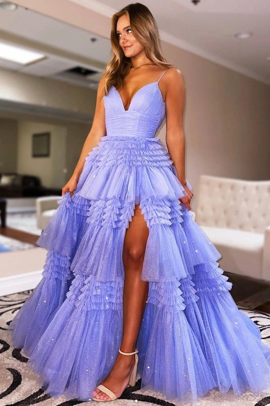 Lila Tüll Langes A-Linien Ballkleid, V-Ausschnitt Abendkleid mit Schlitz Y1687
