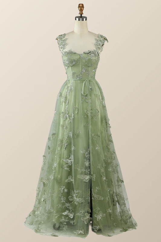 Salbeigrünes Schmetterlings-A-Linien-Abendkleid, lang, Abendkleid Y2801