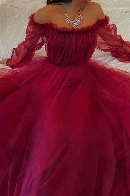Vestido de noche de tul burdeos con mangas largas Y503
