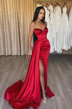 Vestido de fiesta largo con lentejuelas de satén rojo, vestido de noche rojo Y82