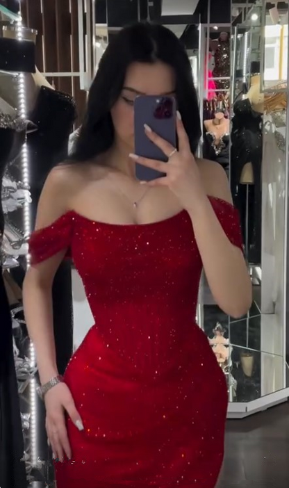 Shiny Off Shoulder Sequins Red Prom Dress Evening Dress With Side Slit Y7805