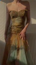 Einzigartiges schulterfreies Chiffon-Tüll-Ballkleid, langes Meerjungfrau-Abendkleid Y8301