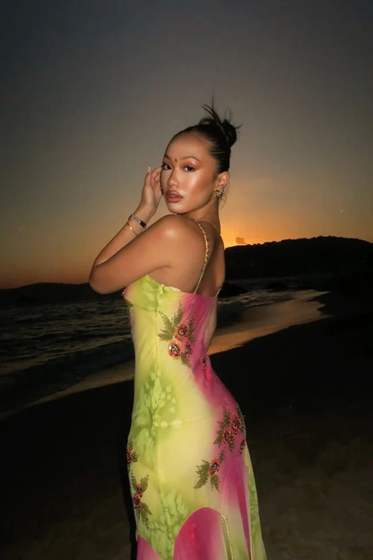 Pink Green Gradient Beaded Spaghetti Strap Chiffon Long Ruffled Evening Dress Party Prom Dress  Y8495