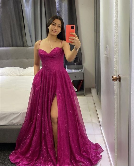 Vestido de noche fucsia con corsé y purpurina, corte A, Y6001