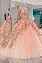 Vestido de fiesta con apliques de flores rosa ruborizado, vestidos de fiesta de tul de corte A, vestidos de quinceañera Y388