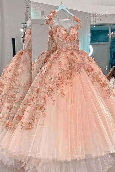 Vestido de fiesta con apliques de flores rosa ruborizado, vestidos de fiesta de tul de corte A, vestidos de quinceañera Y388