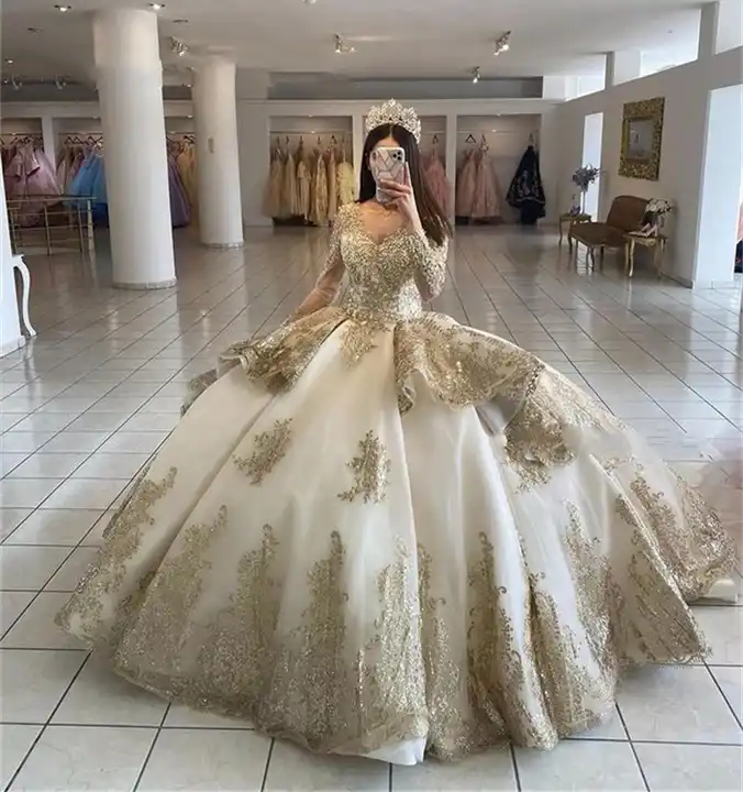 Vestidos de quinceañera con volantes color champán, apliques de lentejuelas y cuentas, manga larga, vestido formal de princesa para fiesta de graduación Y4952