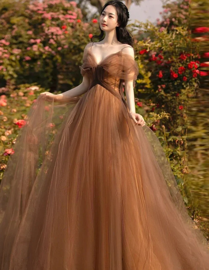 Hermoso vestido formal largo de tul con tirantes finos, corte A, para fiesta y noche, Y4643