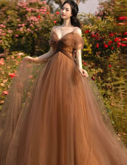 Schöne A-Linie Tüll Träger Lange Abendkleid Tüll Partykleider Abendkleider Y4643