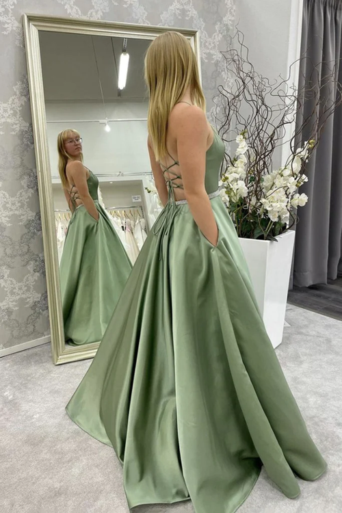 A-Linie rückenfreies grünes Satin-Langballkleid, rückenfreies grünes formelles Abschluss-Abendkleid Y221