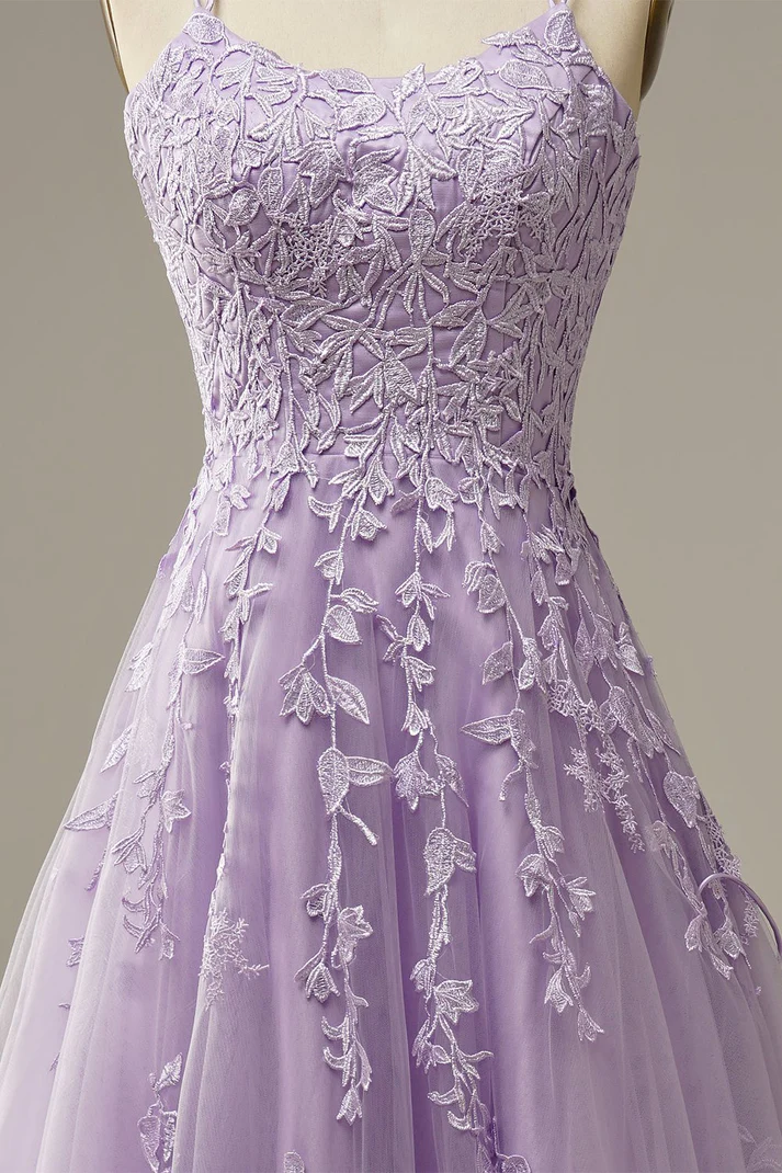 Elegantes vestidos de fiesta color lavanda, vestido de noche corte A, vestido de fiesta con apliques Y1129