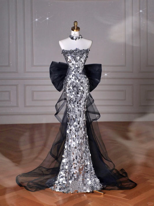 Schwarzes Glitzer Pailletten Tüll Meerjungfrau Ballkleid Trägerloses Abendkleid mit Schleife Y8615