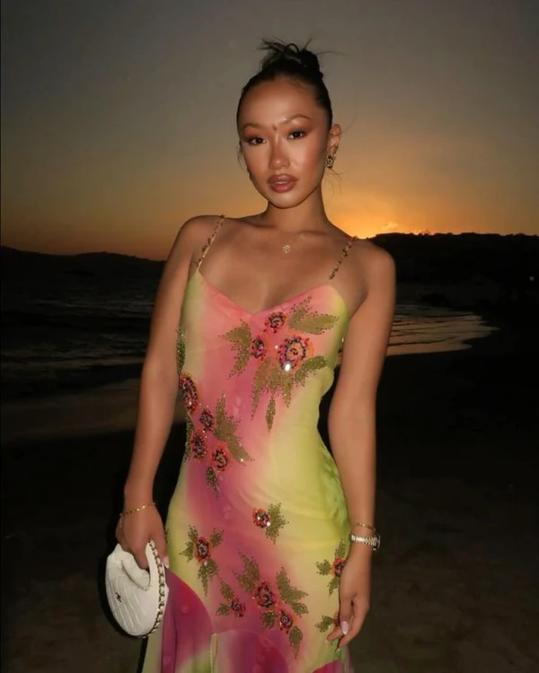 Pink Green Gradient Beaded Spaghetti Strap Chiffon Long Ruffled Evening Dress Party Prom Dress  Y8495