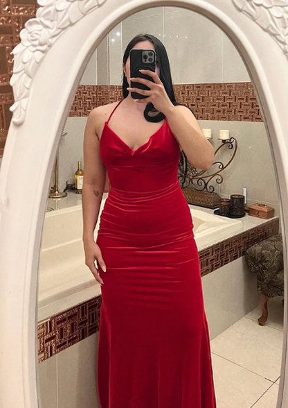 Sexy Rote Spaghettiträger Roter Samt Abendkleid Meerjungfrau Ballkleid Y7816