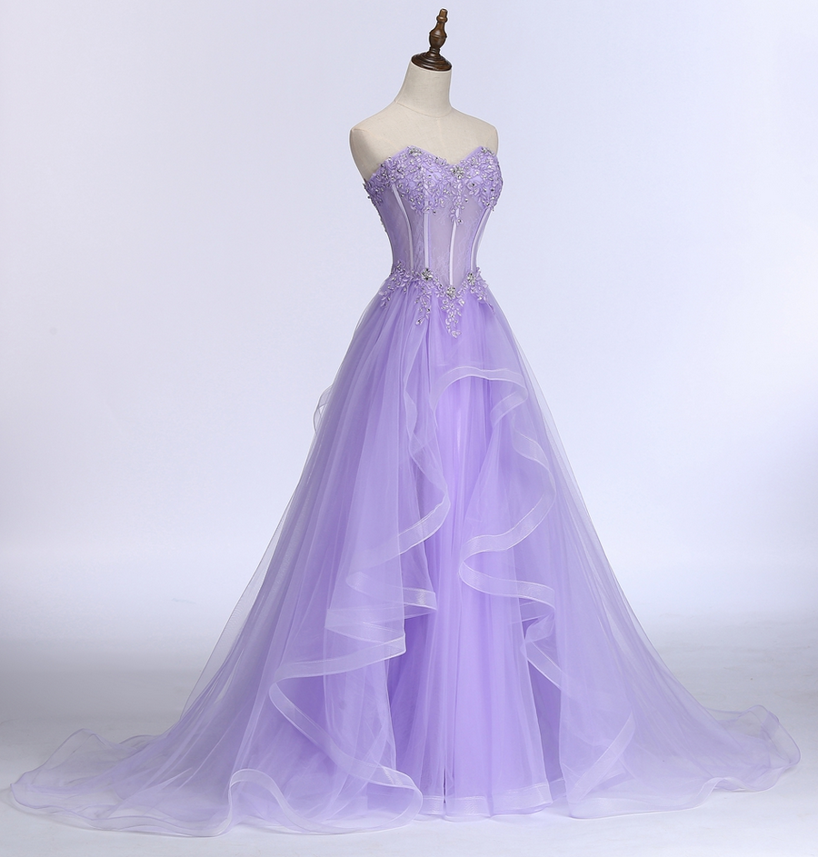 Nuevo vestido de noche largo de encaje morado claro para banquete, elegante vestido de novia sin tirantes, corte en A, vestido formal para fiesta de graduación Y1845