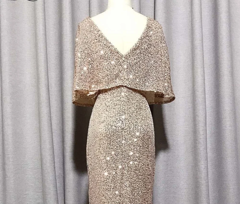 Vestido de noche sexy de sirena con escote en V y mangas cortas, elegante vestido de fiesta formal con mangas murciélago y purpurina Y1390