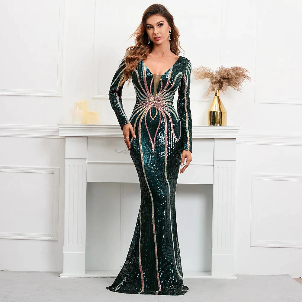 Stretch Green Sequin Maxi Dress Full Sleeve V Neck Mermaid Evening Night Long Party Dress-payinti