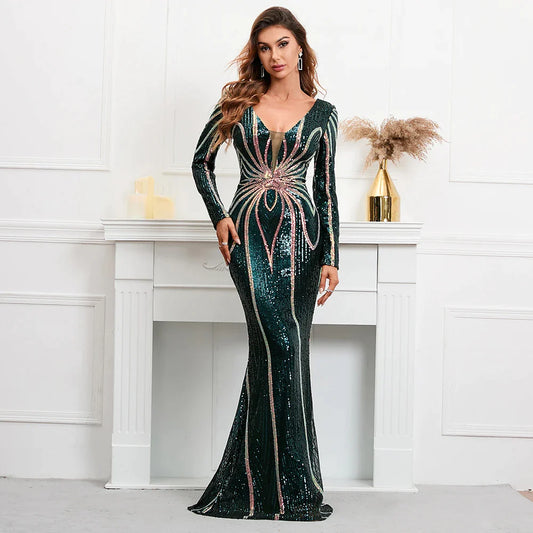 Stretch Green Sequin Maxi Dress Full Sleeve V Neck Mermaid Evening Night Long Party Dress-payinti