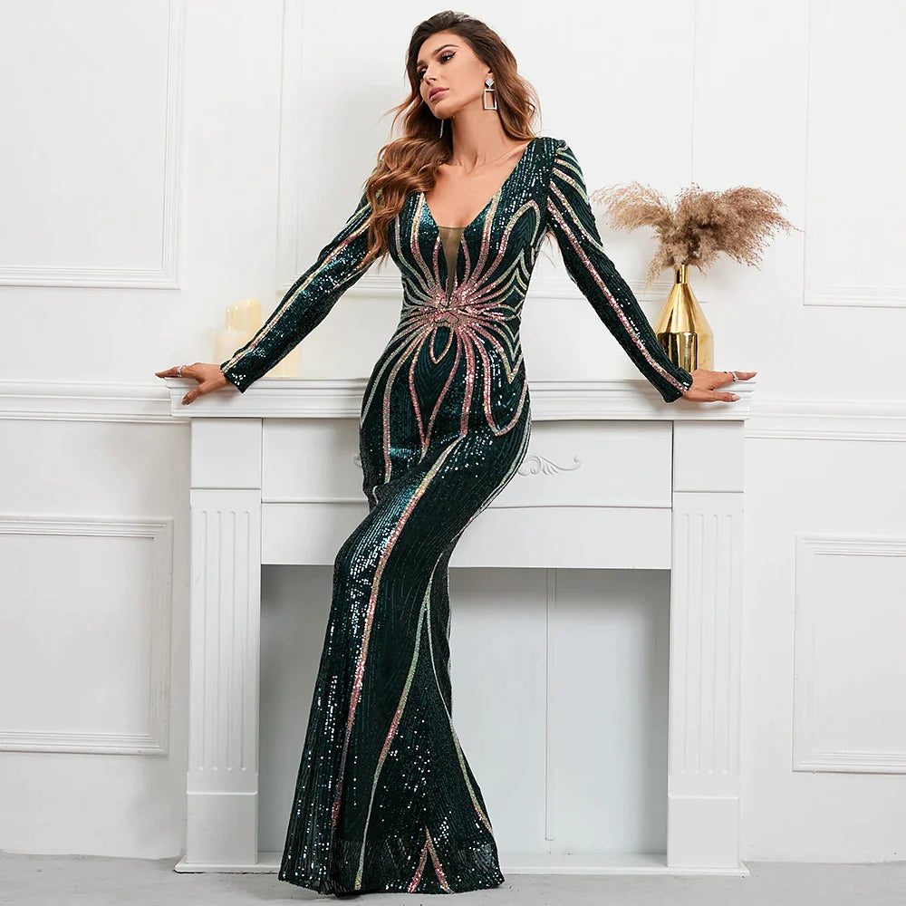Stretch Green Sequin Maxi Dress Full Sleeve V Neck Mermaid Evening Night Long Party Dress-payinti