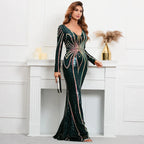 Stretch Green Sequin Maxi Dress Full Sleeve V Neck Mermaid Evening Night Long Party Dress-payinti