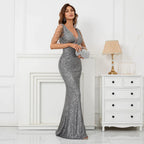 Women Beading Dress Long Prom Dress Deep V Neck Grey Sequin Evening Dress Sexy Party Maxi Dress 19320-payinti
