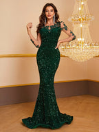 Women's Contrast Sequin embroidered Mermaid Hem Sequin Prom Dress-payinti