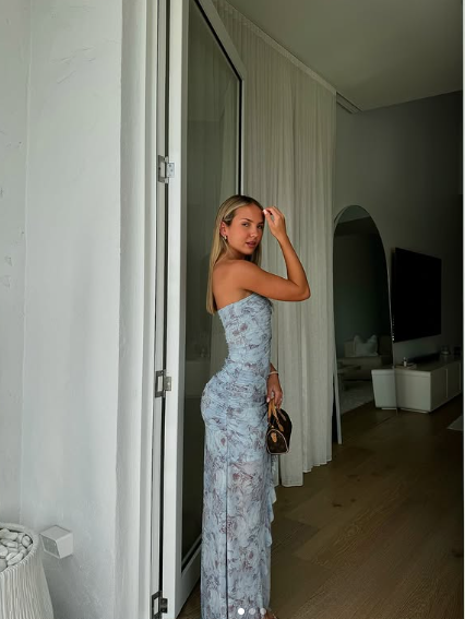 Schickes Chiffon-Print-Blumen-Langballkleid Trägerloses Schlitz-Party-Abendkleid Y8238