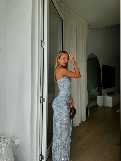 Schickes Chiffon-Print-Blumen-Langballkleid Trägerloses Schlitz-Party-Abendkleid Y8238