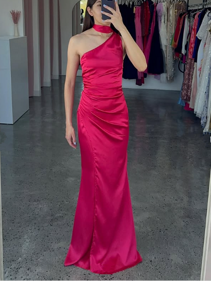 Elegantes One-Shoulder Hot Pink Satin Etuikleid Ballkleid Langes Abendkleid Y8419
