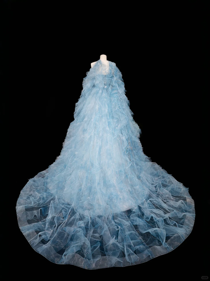 Vestido de fiesta largo de tul azul de ensueño con cuentas y corte A, vestido de noche Y8691