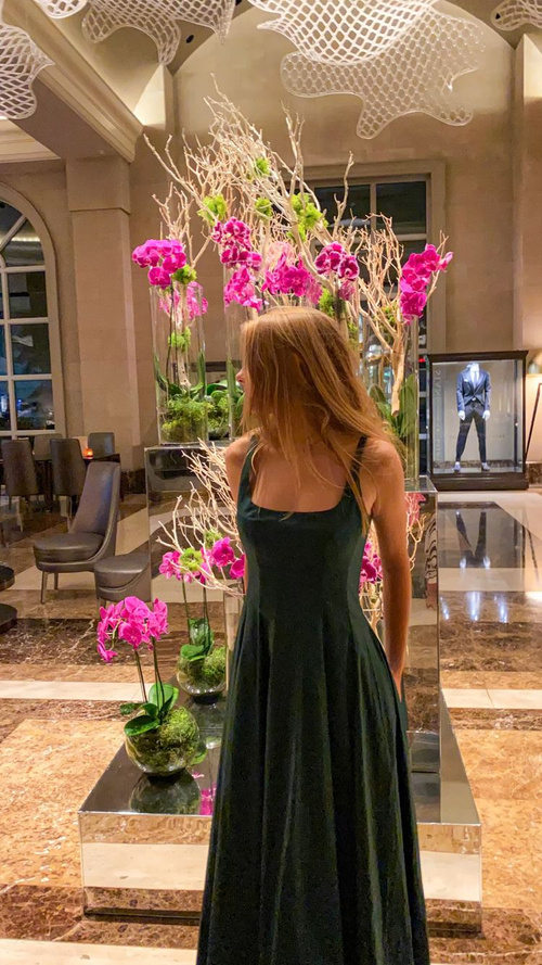 Vestido de noche verde con escote cuadrado y corte A, vestido formal modesto Y692