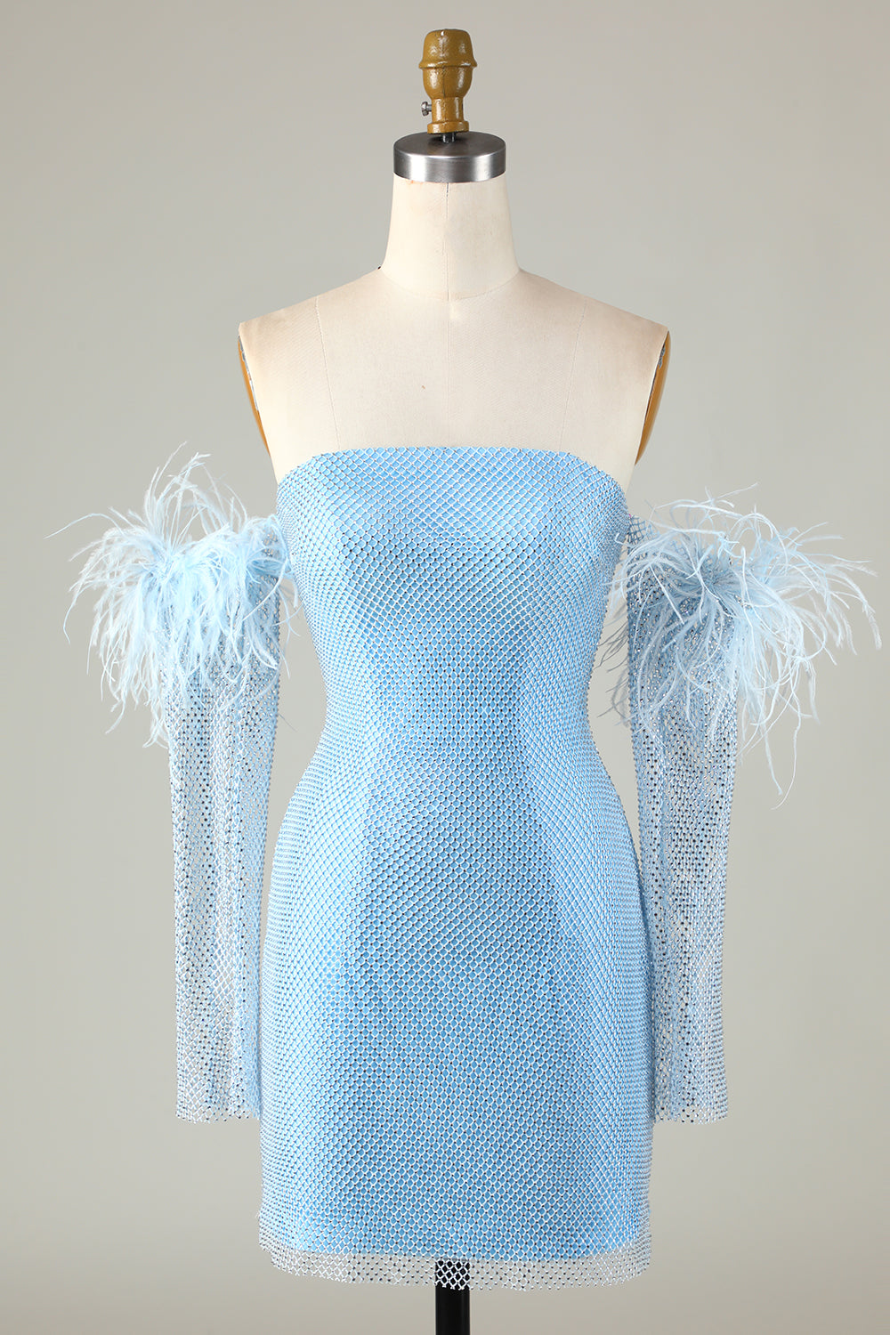Vestido de fiesta corto azul ajustado con cuentas y mangas desmontables
