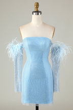 Vestido de fiesta corto azul ajustado con cuentas y mangas desmontables