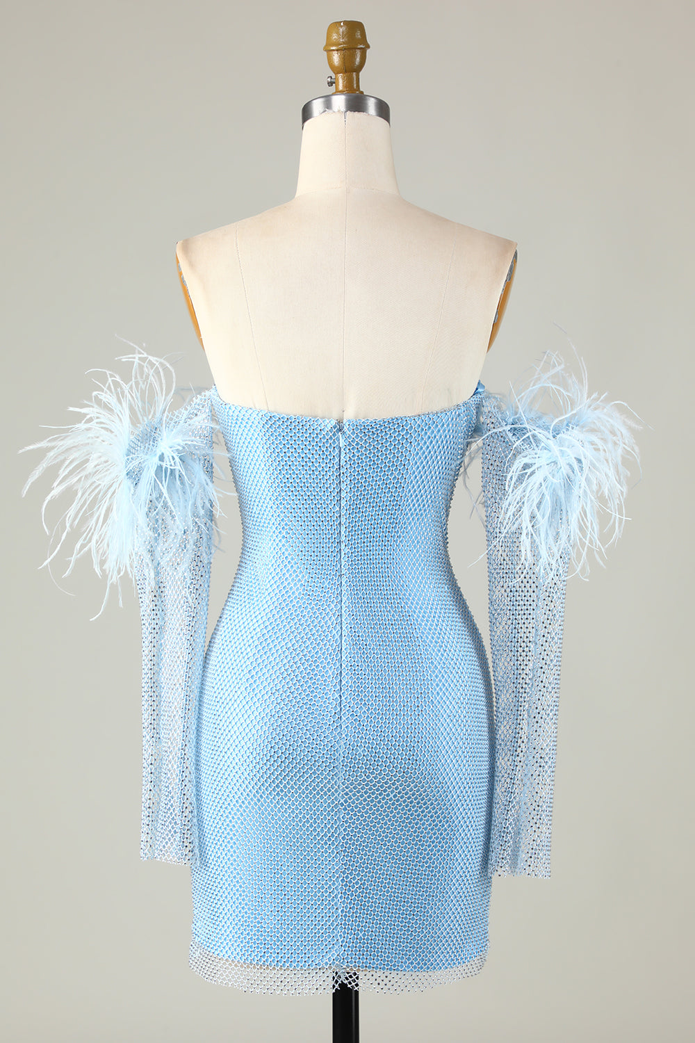 Vestido de fiesta corto azul ajustado con cuentas y mangas desmontables