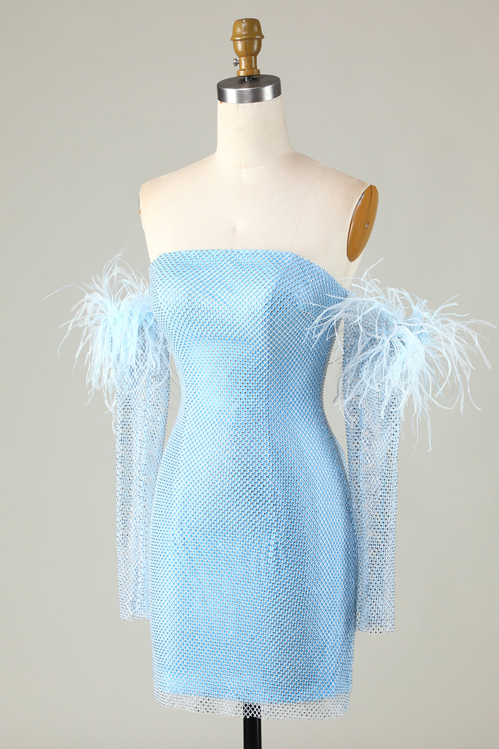 Vestido de fiesta corto azul ajustado con cuentas y mangas desmontables
