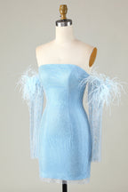 Vestido de fiesta corto azul ajustado con cuentas y mangas desmontables