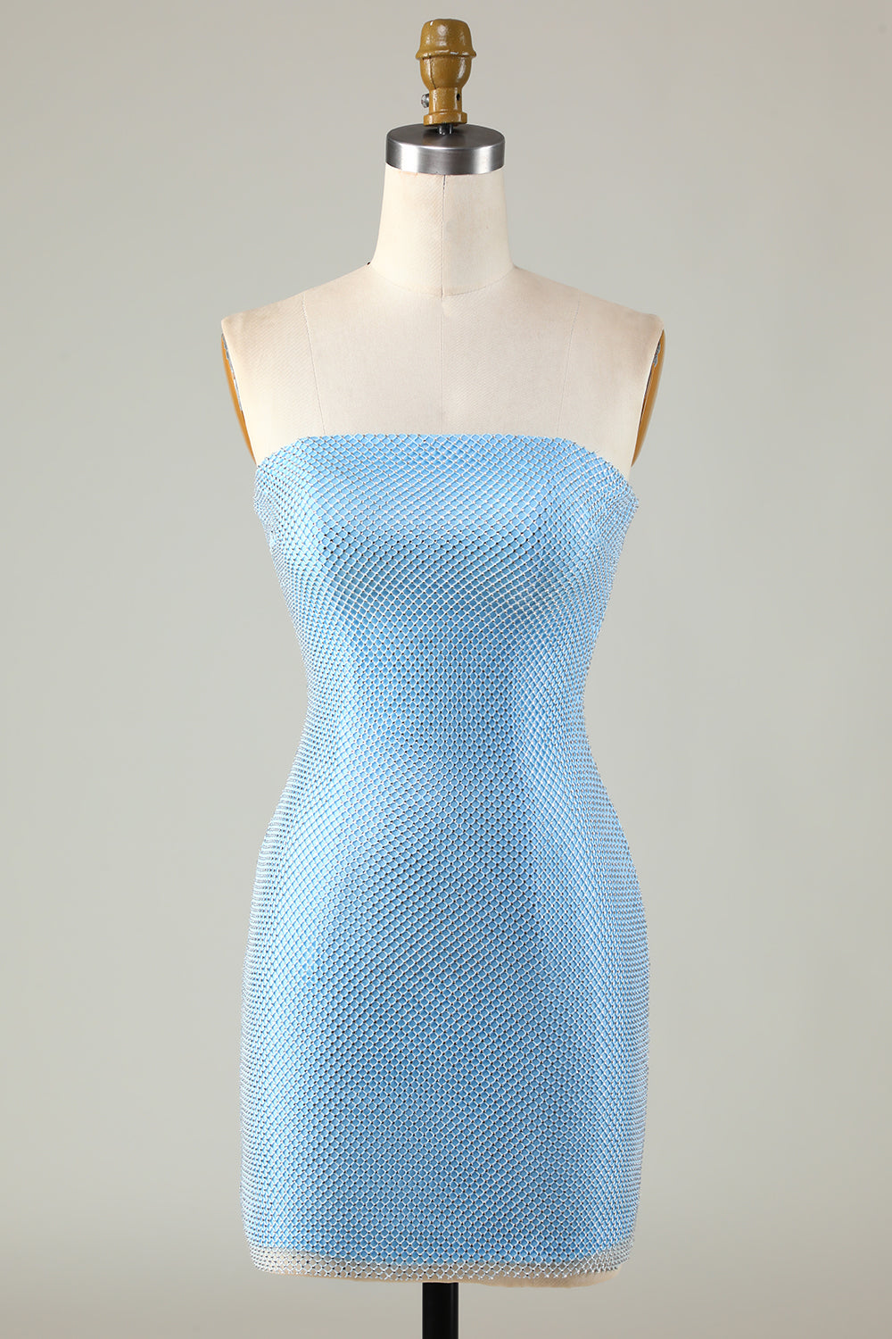Vestido de fiesta corto azul ajustado con cuentas y mangas desmontables