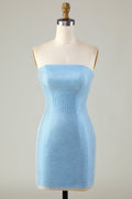 Vestido de fiesta corto azul ajustado con cuentas y mangas desmontables