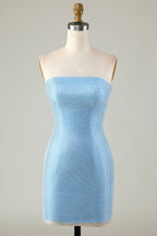 Vestido de fiesta corto azul ajustado con cuentas y mangas desmontables