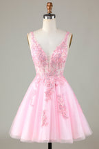 Lindo vestido de fiesta corto sin espalda con lentejuelas brillantes rosas y apliques