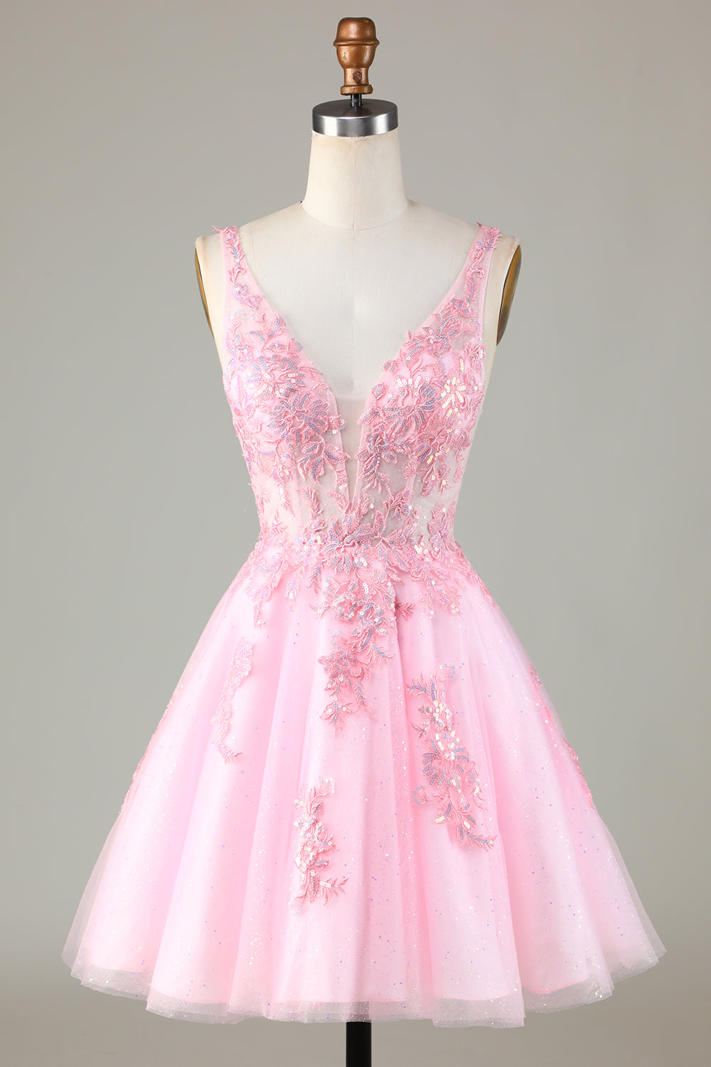 Lindo vestido de fiesta corto sin espalda con lentejuelas brillantes rosas y apliques