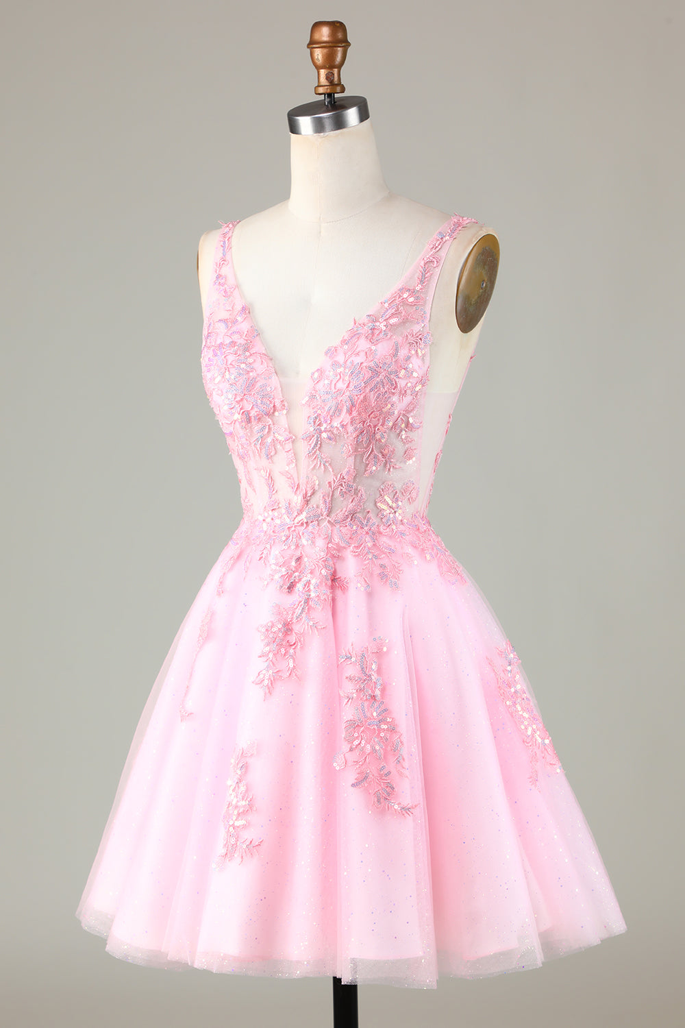 Lindo vestido de fiesta corto sin espalda con lentejuelas brillantes rosas y apliques