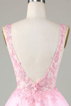 Lindo vestido de fiesta corto sin espalda con lentejuelas brillantes rosas y apliques