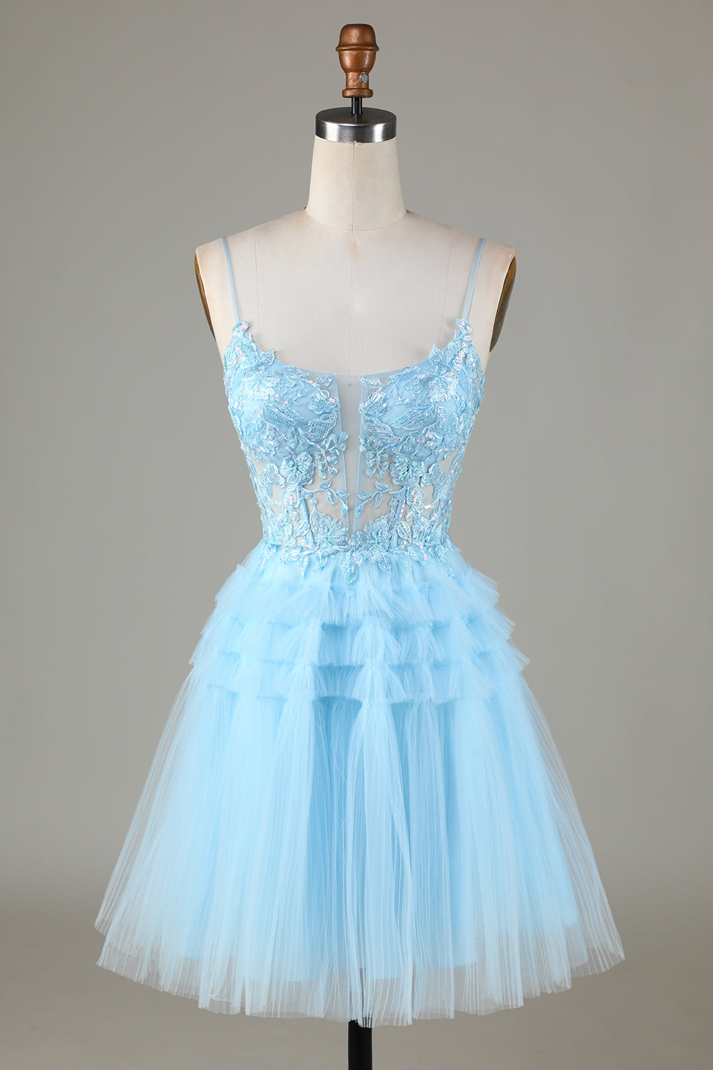 Vestido corto de fiesta azul brillante con tirantes finos, corte A y apliques