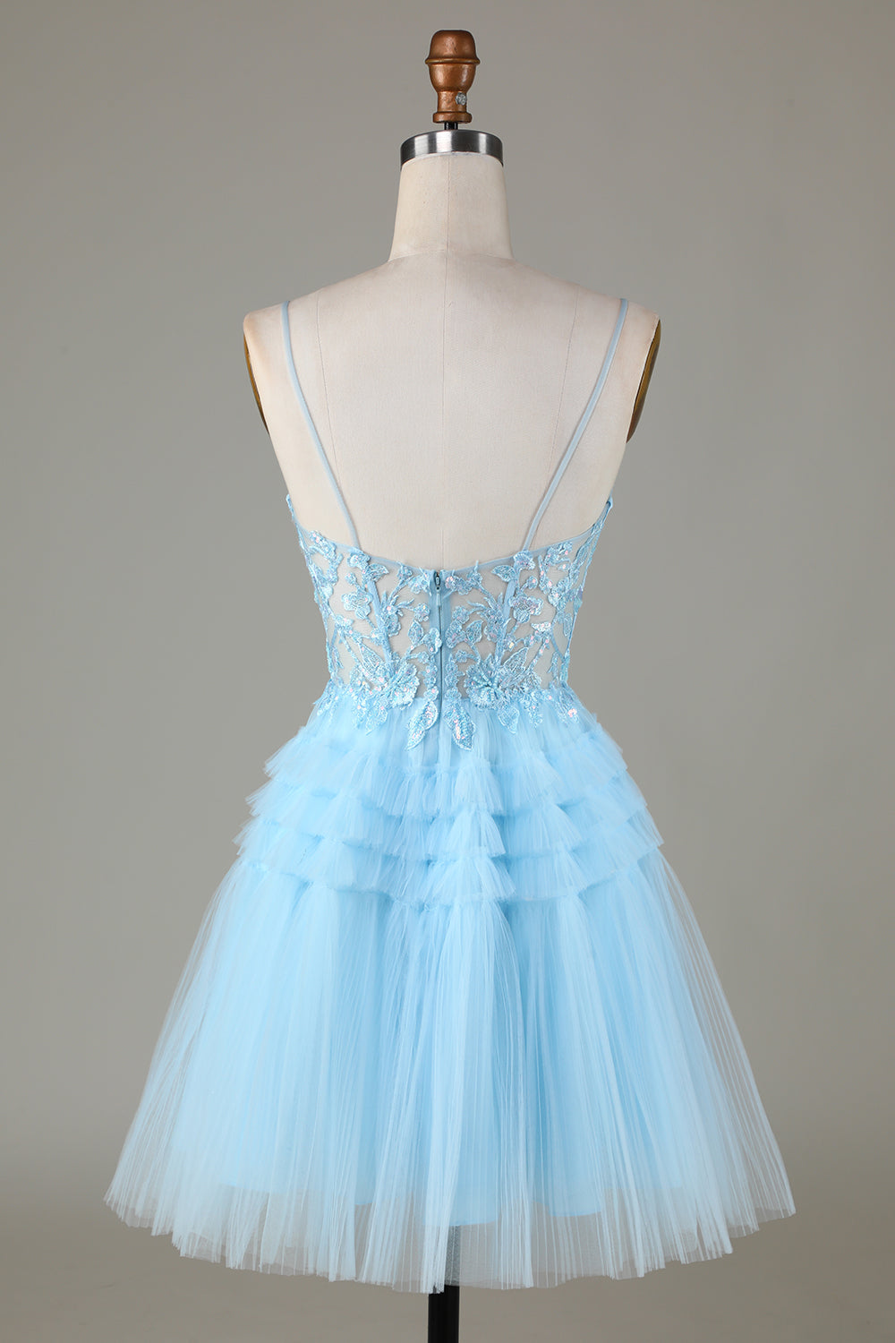 Vestido corto de fiesta azul brillante con tirantes finos, corte A y apliques
