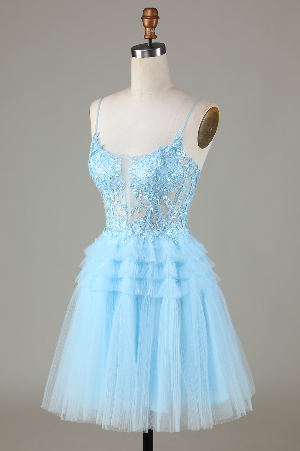 Vestido corto de fiesta azul brillante con tirantes finos, corte A y apliques