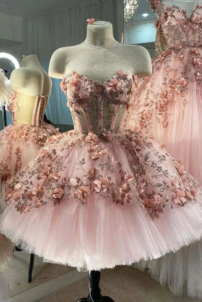 Vestido de fiesta con apliques de flores rosa ruborizado, vestidos de fiesta de tul de corte A, vestidos de quinceañera Y388