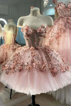 Vestido de fiesta con apliques de flores rosa ruborizado, vestidos de fiesta de tul de corte A, vestidos de quinceañera Y388