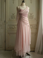 Hübsches Rosa Chiffon Sweetheart Spaghettiträger Langes Abendkleid mit Perlen Y8290