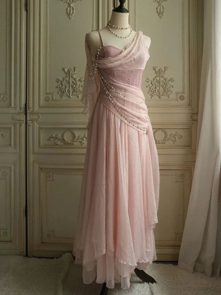 Hübsches Rosa Chiffon Sweetheart Spaghettiträger Langes Abendkleid mit Perlen Y8290